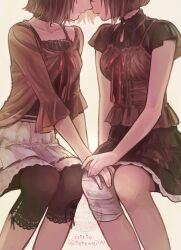  2girls amakura_mayu amakura_mio arm_at_side artist_name bandaged_leg bandages black_camisole black_leggings black_shirt black_skirt bob_cut breasts brown_camisole brown_hair brown_shirt camisole camisole_over_clothes closed_mouth collarbone commentary eyes_out_of_frame face-to-face fatal_frame fatal_frame_ii:_crimson_butterfly feet_out_of_frame hand_on_another's_hand hand_on_another's_knee head_out_of_frame highres invisible_chair leggings medium_breasts miniskirt multiple_girls oisiso parted_lips profile red_ribbon ribbon shirt short_hair short_sleeves siblings simple_background sisters sitting skirt three-quarter_sleeves twins twitter_username watermark white_skirt yellow_background 