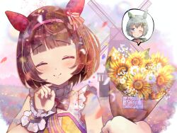  2girls animal_ears armband blue_eyes blunt_bangs blurry blush bob_cut bokeh bouquet bow bowtie brown_choker brown_hair choker closed_mouth commentary curled_fingers daisy_(flower) depth_of_field dress ear_covers ear_ornament english_text falling_petals field flower flower_field frilled_dress frilled_wrist_cuffs frills gift green_sailor_collar grey_hair grin hair_flower hair_ornament hairband hand_up happy_birthday head_tilt highres holding holding_bouquet horse_ears horse_girl multiple_girls nail_polish nishino_flower_(layered_petals)_(umamusume) nishino_flower_(umamusume) one_eye_closed outdoors parted_lips petals pink_bow pink_bowtie pink_flower pink_hairband pink_nails pov pov_hands purple_flower purple_trim raised_eyebrows sailor_collar seiun_sky_(reeling_in_the_big_one)_(umamusume) seiun_sky_(umamusume) short_hair single_ear_cover sleeveless sleeveless_dress smile solo_focus spoken_character striped_bow striped_bowtie striped_clothes sunflower sunflower_hair_ornament t_mikuta_atukim umamusume white_flower windmill wrist_cuffs x_hair_ornament yellow_dress yellow_flower 