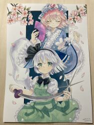  2girls absurdres black_bow black_bowtie black_hairband blue_hat blue_kimono blunt_ends bow bowtie cherry_blossoms closed_eyes closed_mouth commentary dated falling_petals flower folding_fan frilled_skirt frills green_eyes green_skirt green_vest grey_hair hairband hand_fan hat highres holding holding_fan holding_sword holding_weapon japanese_clothes kimono konpaku_youmu long_sleeves mob_cap mosho multiple_girls petals pink_flower puffy_short_sleeves puffy_sleeves saigyouji_yuyuko see-through_clothes see-through_veil shirt short_hair short_sleeves signature skirt smile sword touhou traditional_media triangular_headpiece untranslatable_commentary veil vest weapon white_shirt wide_sleeves 