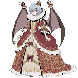  1girl alternate_costume bat_wings blue_hair blush bow closed_mouth clothing_request crown dress dress_bow folded_fan folding_fan frilled_dress frills full_body hand_fan highres holding holding_fan long_dress long_sleeves looking_at_viewer mini_crown neck_ruff pink_nails queen red_bow red_dress red_eyes remilia_scarlet short_hair simple_background solo touhou white_background wings yellow_bow yellow_dress youpofen 