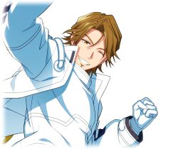  1boy brown_eyes brown_hair clenched_hand cum cum_on_body facial facial_hair game_cg gloves goatee grin happy_elements helios_rising_heroes jacket jay_kidman looking_at_viewer male_focus non-web_source official_art one_eye_closed open_clothes smile solo teeth transparent_background upper_body white_gloves 