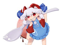  1girl arm_up artist_name blue_bow blue_dress bow breasts chinese_commentary commentary_request detached_sleeves dot_nose double-parted_bangs dress earrings eye_print eyes_visible_through_hair feet_out_of_frame frilled_bow frilled_dress frills grin hair_between_eyes hair_over_eyes highres holding holding_spork hoop_earrings horizontal_pupils horn_bow horn_ornament horn_ribbon horns jewelry leaning_forward light_blush looking_at_viewer meandros medium_hair open_mouth oversized_object patterned_clothing rectangular_pupils red_eyes red_horns red_sleeves ribbon sharp_teeth sheep_horns signature simple_background sleeveless sleeveless_dress small_breasts smile solo spitz2173940565 spork standing teeth thick_eyebrows touhou toutetsu_yuuma v-shaped_eyebrows white_background white_hair 