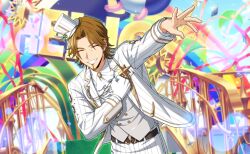  1boy ascot balloon belt brown_eyes brown_hair facial_hair game_cg gloves goatee happy_elements hat helios_rising_heroes highres jacket jay_kidman long_sleeves male_focus mini_hat mini_top_hat non-web_source official_art pants pinstripe_pattern single_glove smile solo streamers teeth top_hat vest white_gloves 