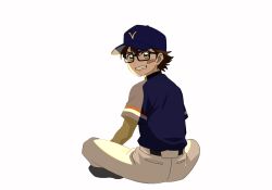 1boy ace_of_diamond bandaid bandaid_on_cheek bandaid_on_face baseball_cap belt black-framed_eyewear black_belt brown_eyes brown_hair child from_behind hat highres indian_style invisible_floor k_09p looking_back male_focus miyuki_kazuya pants rectangular_eyewear shirt shoes short_hair short_sleeves simple_background sitting smile solo teeth white_background white_pants 