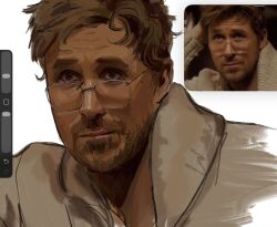  1boy beard beard_stubble birthagod blonde_hair casual facial_hair glasses highres male_focus messy_hair portrait project_hail_mary round_eyewear ryland_grace sketch solo stubble upper_body 