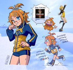  1girl bandaid bandaid_on_face bandaid_on_nose black_buruma blonde_hair blue_eyes blue_jacket blue_shorts blush breasts buruma carmen_piper commentary english_commentary english_text fang headphones highres jacket kagamine_rin kagamine_rin_(stylish_energy) leg_warmers looking_at_viewer multicolored_jacket open_mouth reference_inset sharp_teeth shoes short_hair shorts small_breasts smile system_of_a_down teeth track_jacket two-tone_jacket uwabaki vocaloid yellow_jacket 