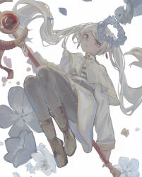  1girl absurdres bird blue_bird boots brown_boots capelet commentary_request earrings elf flower flying frieren from_below green_eyes grey_hair head_wreath highres holding holding_staff jewelry labi_(labi0107) long_hair looking_at_viewer mage_staff painterly pantyhose parted_bangs petals pointy_ears sitting solo sousou_no_frieren staff teardrop_earrings twintails white_background white_capelet white_hair 