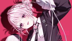  1girl black_choker black_jacket black_necktie blush choker closed_mouth collarbone commentary_request double_bun ear_piercing earclip earrings hair_bun hair_ribbon jacket jewelry long_sleeves looking_at_viewer necktie nijisanji nokachoco114 o-ring_necktie piercing pink_background pink_eyes pink_hair ribbon shiina_yuika shiina_yuika_(14th_costume) shirt simple_background sleeves_past_fingers sleeves_past_wrists smile solo tongue tongue_out virtual_youtuber white_ribbon white_shirt 