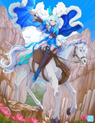  1girl aqua_eyes barine black_corset black_thighhighs blue_cloak blue_dress blue_fire blue_sky cerydra_(honkai:_star_rail) cloak clouds corset crown detached_sleeves dress fire flower fur_trim highres honkai:_star_rail honkai_(series) horse long_hair mini_crown multicolored_hair pink_flower single_thighhigh sky sparkle thigh-highs white_hair white_horse 