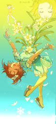  1girl absurdres arched_back artist_name braid braided_bangs brown_hair chinese_commentary closed_eyes commentary_request daffodil detached_sleeves dress figure_skating figure_skating_dress flexible floating_hair flower hair_flower hair_ornament highres jumping lava_indifferent medalist_(manga) open_mouth print_dress short_hair short_sleeves signature skates smile yuitsuka_inori 