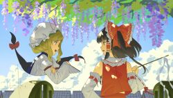  2girls blonde_hair blue_sky bow brown_eyes brown_hair clouds commentary_request day detached_sleeves dress frilled_bow frilled_hair_tubes frills gap_(touhou) gohei hair_bow hair_tubes hakurei_reimu hat hat_ribbon highres holding holding_gohei long_hair mob_cap multiple_girls open_mouth otomeza_ryuseigun outdoors purple_tabard red_bow red_ribbon ribbon ribbon-trimmed_sleeves ribbon_trim signature sky smile tabard touhou twitter_username white_dress white_hat yakumo_yukari 