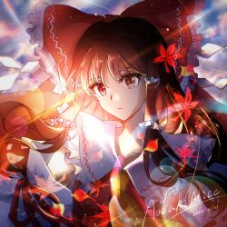  1girl aozakialice artist_name ascot bare_shoulders bow brown_eyes brown_hair chinese_commentary closed_mouth collared_shirt commentary_request dated detached_sleeves frilled_bow frilled_hair_tubes frilled_shirt_collar frills hair_bow hair_tubes hakurei_reimu long_hair long_sleeves looking_at_viewer outdoors red_bow red_ribbon red_shirt ribbon ribbon-trimmed_sleeves ribbon_trim shide shirt sleeve_ribbon sleeveless sleeveless_shirt solo sunlight sunset touhou upper_body white_sleeves yellow_ascot 