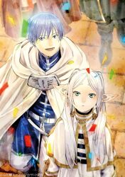  1boy 1girl abe_tsukasa belt belt_buckle black_belt blue_eyes blue_hair buckle cape closed_mouth confetti earrings elf frieren highres himmel_(sousou_no_frieren) jewelry official_art open_mouth pointy_ears sousou_no_frieren teardrop_earrings twintails white_cape white_hair 