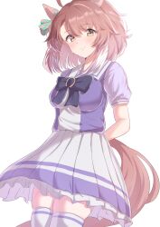 1girl absurdres ahoge animal_ears arms_behind_back bow bowtie breasts brown_eyes brown_hair brown_tail checkered_bow checkered_clothes closed_mouth dantsu_flame_(umamusume) ear_bow ear_covers highres horse_ears horse_girl horse_tail horseshoe_ornament large_breasts light_blush looking_at_viewer mahuyuyu0 medium_hair multicolored_hair parted_bangs pleated_skirt puffy_short_sleeves puffy_sleeves purple_bow purple_bowtie purple_shirt sailor_collar sailor_shirt school_uniform shirt short_sleeves sidelocks simple_background skindentation skirt smile solo streaked_hair tail thigh-highs thighs tracen_school_uniform umamusume white_background white_bow white_sailor_collar white_skirt white_streaks white_thighhighs zettai_ryouiki 