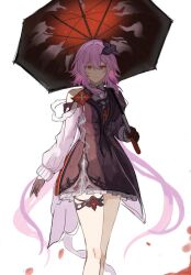  1girl black_dress black_flower black_gloves breasts closed_mouth dress evernight_(honkai:_star_rail) f_ron feet_out_of_frame flower gloves hair_between_eyes hair_flower hair_ornament highres holding holding_umbrella honkai:_star_rail honkai_(series) light_smile long_hair long_sleeves looking_at_viewer march_7th_(honkai:_star_rail) medium_breasts pink_hair red_eyes simple_background single_bare_shoulder solo thigh_strap umbrella very_long_hair white_background 