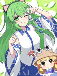  2girls :q absurdres animal_ear_hairband animal_ears blonde_hair blue_skirt blush breasts brown_hat cat_ear_hairband cat_ears commentary_request detached_sleeves fake_animal_ears frog_hair_ornament green_eyes green_hair hair_ornament hair_ribbon hair_tubes hairband hat highres kochiya_sanae long_hair long_sleeves medium_breasts miz_(mizillustration) moriya_suwako multiple_girls one_eye_closed purple_vest red_ribbon ribbon single_hair_tube skirt snake_hair_ornament tongue tongue_out touhou tress_ribbon vest 