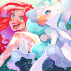  2girls air_bubble ariel_(disney) arm_up bare_shoulders bikini blue_eyes blue_hair blush bubble colored_eyelashes colored_inner_hair commentary_request furry furry_female green_background hair_ornament long_hair looking_at_viewer looking_back looking_up merfolk mermaid monster_girl multi-tied_hair multicolored_hair multiple_girls naco_oekaki open_mouth pearl_hair_ornament pink_nose pokemon pokemon_(creature) primarina purple_hair red_hair sea_lion shell shell_bikini smile snout sparkle starfish_hair_ornament swimsuit the_little_mermaid_(disney) 