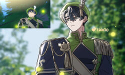  1boy black_hair commentary_request earrings epaulettes feather_hair_ornament feathers fireflies forest gold_trim green_beret green_eyes hair_ornament high_collar highres jewelry korean_commentary looking_to_the_side male_focus military_uniform nature reference_inset robjorim robo_frostor sash serious skoshism stud_earrings sunlight tassel upper_body virtual_youtuber 