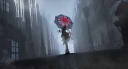  1girl absurdres black_flower black_gloves black_jacket black_shoes black_umbrella city closed_mouth evernight_(honkai:_star_rail) expressionless flower from_below gloves hair_flower hair_intakes hair_ornament highres hiro_(9564) holding holding_umbrella honkai:_star_rail honkai_(series) jacket lamppost long_hair looking_at_viewer loose_socks march_7th_(honkai:_star_rail) open_clothes open_jacket outdoors pink_hair rain red_eyes scenery shirt shoes socks solo twintails umbrella very_long_hair white_shirt white_socks 