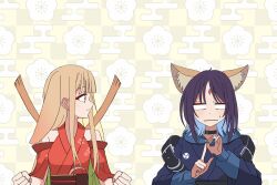  2girls amtkmituki animal_ears armor blonde_hair blue_hair blue_hoodie blue_kimono blue_nails brown_hair cho_kaguya-hime! commentary_request egasumi forehead_jewel fox_ears fox_girl hood hood_down hoodie index_finger_raised japanese_clothes kaguya_(cho_kaguya-hime!) kimono long_hair multiple_girls nail_polish rabbit_ears rabbit_girl red_kimono red_nails sakayori_iroha shoulder_armor 