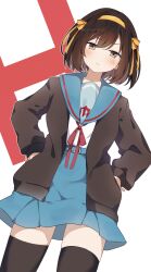  1girl :/ black_jacket black_thighhighs blue_sailor_collar blue_skirt blush brown_eyes brown_hair commentary_request cowboy_shot dutch_angle h_(letter) hair_between_eyes hairband hands_on_own_hips highres jacket kita_high_school_uniform looking_at_viewer mani_(manidrawings) medium_hair neck_ribbon open_clothes open_jacket outline red_ribbon ribbon sailor_collar school_uniform shirt sidelocks skirt solo suzumiya_haruhi suzumiya_haruhi_no_yuuutsu thigh-highs white_background white_outline white_shirt yellow_hairband zettai_ryouiki 
