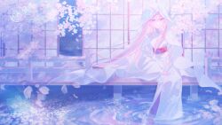  1girl absurdres branch cherry_blossoms commentary_request door endsparkle88 falling_petals fence highres in_water japanese_clothes kimono long_hair looking_at_viewer obi original petals pink_eyes pink_hair pink_sash ripples sash shiromuku sitting solo uchikake veil veranda water white_kimono 