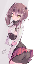  1girl absurdres anchor ass bike_shorts blush breasts brown_hair commentary_request hand_on_own_arm headband highres hizaka kantai_collection looking_at_viewer medium_hair panties_under_bike_shorts red_eyes skirt small_breasts solo taihou_(kancolle) 