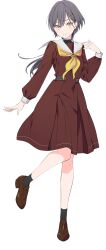  1girl black_shirt black_socks brown_dress brown_shoes closed_mouth dress full_body grey_hair hair_ornament hasu_no_sora_school_uniform highres iizuka_haruko jellyfish_cut katsuragi_izumi link!_like!_love_live! loafers long_hair long_sleeves looking_at_viewer love_live! medium_dress official_art orange_eyes pleated_dress sailor_collar sailor_dress school_uniform shirt shoes simple_background slit_pupils smile socks solo standing tachi-e transparent_background triangle_hair_ornament turtleneck turtleneck_shirt undershirt white_sailor_collar winter_uniform 