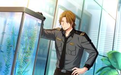  1boy belt black_necktie black_pants breast_pocket brown_eyes brown_hair collared_shirt facial_hair fish game_cg gloves goatee hand_on_own_hip happy_elements helios_rising_heroes highres indoors jay_kidman long_sleeves male_focus necktie non-web_source official_art pants parted_bangs plant pocket shirt single_glove solo 