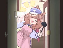  1girl animal_ears blush breasts brown_hair closed_eyes commentary_request door hair_between_eyes hair_ornament hat highres holding holding_ladle horse_girl kitchen ladle matikanetannhauser_(umamusume) medium_breasts medium_hair open_mouth school_uniform tracen_school_uniform translation_request tsurara1207 umamusume 