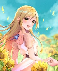  1girl 1other back_cutout blonde_hair blue_sky blush clothing_cutout commission dress falling_petals field flower flower_field from_side highres lace lace_sleeves long_hair median_furrow mia_mikhail multi-source_commentary open_mouth original outdoors petals see-through_clothes see-through_sleeves shoulder_blades skeb_commission sky solo sunflower sunflower_field white_dress yellow_eyes 