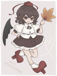  1girl :3 black_ribbon black_skirt brown_eyes brown_hair closed_mouth collared_shirt commentary crossed_bangs earrings frilled_skirt frills full_body hand_on_own_hip hand_up harukairo hat hauchiwa jewelry legs_apart looking_at_viewer neck_ribbon puffy_short_sleeves puffy_sleeves red_hat red_shoes ribbon shameimaru_aya shirt shoes short_hair short_sleeves skirt sleeve_cuffs smile socks solo tokin_hat touhou untranslatable_commentary white_shirt white_socks 
