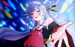  1girl a0mmti_2304 absurdres bare_shoulders black_kimono blush cho_kaguya-hime! collarbone colored_inner_hair commentary from_below hair_ornament hair_stick highres japanese_clothes kimono long_hair looking_at_viewer multicolored_hair off_shoulder offering_hand open_mouth pink_hair runami_yachiyo solo teeth twintails upper_body upper_teeth_only violet_eyes white_hair 