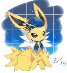  animal_focus closed_mouth commentary_request hat highres jolteon jolteon_(starry_sky) looking_at_viewer no_humans pokemon pokemon_(creature) pokemon_cafe_remix pokemon_focus ribbon shiu_224 sitting solo twitter_username violet_eyes 