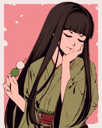  1girl black_hair blunt_bangs blunt_ends border closed_eyes closed_mouth commentary dango falling_petals final_fantasy final_fantasy_xiv food hime_cut holding holding_food japanese_clothes light_smile long_hair moshimoshibe outside_border petals pink_background smile solo upper_body very_long_hair wagashi white_border white_petals yotsuyu_goe_brutus 