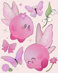  blush bow bug butterfly closed_mouth english_commentary fairy_wings flower happy kirby kirby_(series) leaf no_humans open_mouth pink_background puffychii smile sparkle wings 