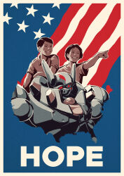  2boys american_flag american_flag_background anton_savinov blue_background border commentary corel_painter_(medium) cropped_shoulders english_commentary english_text film_grain flag_background limited_palette mecha metal_wolf metal_wolf_chaos multiple_boys official_art one-eyed patriotism photoshop_(medium) pointing promotional_art propaganda red_eyes robot united_states yellow_border 
