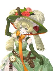  1girl arm_up bare_shoulders belt belt_charm belt_pouch blonde_hair bow brown_belt charm_(object) chinstrap commentary_request dress drill_hair earrings flower fujinezumi gloves green_dress green_eyes green_gloves green_hat grin hand_on_headwear hand_up hat hat_feather hat_flower highres holding_own_dress jewelry long_hair looking_at_viewer low_twintails orange_bow picture_hat pocket_watch pouch red_flower red_rose reverse:1999 rose sleeveless sleeveless_dress smile solo sotheby twin_drills twintails upper_body watch white_background 