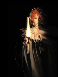  1girl black_background blue_eyes chinese_commentary commentary_request dress glowing hand_up highres holding_lamp looking_at_viewer marsha_(reverse:1999) mr official_alternate_costume red_hair reverse:1999 short_hair solo straight-on upper_body white_dress 