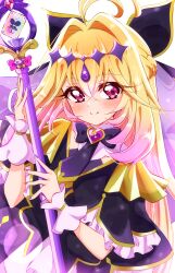  1girl absurdres antenna_hair black_bow black_dress black_necktie blonde_hair bow braid brooch closed_mouth commentary_request cure_arcana_shadow dress earrings gloves gradient_hair hair_between_eyes hair_intakes hair_ornament half_up_braid heart heart_brooch highres holding holding_rod jewelry long_hair looking_at_viewer magical_girl meitantei_precure! moria_luluka multicolored_hair necktie pink_eyes pink_hair precure purple_nails purple_veil reaching rod smile solo sugimura_mickey tear_arcana_rod upper_body veil wand white_gloves 