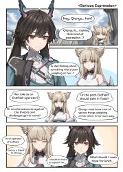  2girls absurdres aqua_jacket arknights arknights:_endfield bird_girl black_gloves black_hair blue_eyes brown_eyes chen_qianyu_(arknights) commentary dragon_girl dragon_horns dress eastern_dragon_horns english_commentary gloves gongbangmanchi_(daisy_cutter) grey_hair head_wings highres horns jacket long_hair multicolored_gloves multiple_girls open_clothes open_jacket perlica_(arknights) sleeveless sleeveless_dress twintails two-tone_gloves white_dress white_jacket wings yellow_gloves 