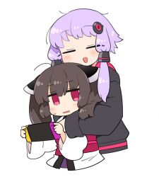  2girls :d ahoge black_jacket blunt_bangs blush brown_hair closed_eyes commentary_request cropped_torso hair_ornament handheld_game_console headgear holding holding_handheld_game_console hug ini_(inunabe00) jacket japanese_clothes kimono long_sleeves multiple_girls nintendo_switch obi open_mouth purple_hair red_eyes red_sash sash short_hair short_hair_with_long_locks sidelocks simple_background smile touhoku_kiritan twintails vocaloid voiceroid white_background white_kimono wide_sleeves yuzuki_yukari 