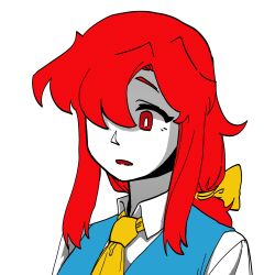  1girl absurdres blue_shirt bow hair_bow hair_over_eyes highres kotohime_(touhou) long_hair lovelobten necktie one_eye_covered open_mouth portrait red_eyes red_hair ribbon shirt surprised touhou touhou_(pc-98) white_background yellow_bow yellow_necktie 