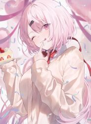  1girl balloon blush bow bowtie breasts cardigan closed_mouth collared_shirt commentary fingernails food food_on_face hair_ornament hair_ribbon hairclip heart_balloon highres holding holding_plate large_breasts long_hair long_sleeves low_ponytail me_meel nail_polish nijisanji one_eye_closed pink_eyes pink_hair pink_nails pink_ribbon plate ponytail red_bow red_bowtie red_ribbon ribbon shiina_yuika shiina_yuika_(1st_costume) shirt shortcake smile solo tongue tongue_out virtual_youtuber white_shirt yellow_cardigan 