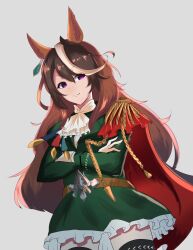 1girl aiguillette animal_ears ascot black_thighhighs blush brown_hair buttons cape closed_mouth commentary_request conquista_(dandemporl) crossed_arms double-breasted earrings epaulettes gloves green_jacket green_skirt hair_between_eyes highres horse_ears horse_girl jacket jewelry long_hair long_sleeves looking_at_viewer medal multicolored_hair red_cape side_cape simple_background single_earring single_epaulette skirt smile streaked_hair symboli_rudolf_(emperor's_path)_(umamusume) symboli_rudolf_(umamusume) thigh-highs umamusume violet_eyes white_ascot white_gloves white_hair 