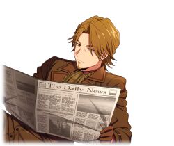  1boy ascot brown_coat brown_eyes brown_gloves brown_hair coat facial_hair game_cg gloves goatee happy_elements helios_rising_heroes holding holding_newspaper jay_kidman male_focus newspaper non-web_source official_art solo transparent_background 