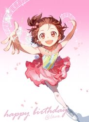  artist_name braid braided_bangs brown_hair chinese_commentary commentary_request dress falling_petals figure_skating figure_skating_dress flower frills gradient_background hair_ornament happy_birthday highres lava_indifferent medalist_(manga) musical_note open_mouth orange_eyes outstretched_arms petals sequential sequential_exposures short_hair simple_background skates smile teeth upper_teeth_only yuitsuka_inori 