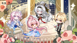  1boy 3girls absurdres aemeath_(wuthering_waves) ahoge black_coat black_hairband blonde_hair chibi chibi_only closed_mouth coat colored_eyelashes colored_inner_hair commentary_request cup denia_(wuthering_waves) dress drinking_glass earrings elbow_gloves gloves hairband highres hiyuki_(wuthering_waves) holding holding_cup jewelry logo long_dress long_hair luuk_herssen_(wuthering_waves) multicolored_hair multiple_girls official_art open_mouth pink_hair ponytail purple_hair red_dress red_eyes smile star-shaped_pupils star_(symbol) symbol-shaped_pupils violet_eyes white_dress white_eyelashes white_gloves white_hair wuthering_waves 