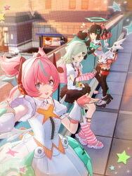  3girls absurdres angels_of_delusion aqua_hair aqua_streaks aria_(zenless_zone_zero) arm_warmers bag bare_shoulders black_hair black_skirt black_thighhighs bow center_frills collarbone colored_inner_hair commentary detached_collar detached_sleeves dress earrings english_commentary fingerless_gloves flying_sweatdrops frills fur-trimmed_sleeves fur_trim gloves green_bow green_eyes green_hair green_halo hair_bow hair_ornament halo heart heart_hair_ornament highres jewelry leg_warmers looking_at_viewer multicolored_hair multiple_girls multiple_hair_bows multiple_hair_clips musical_note_earrings nangong_yu necktie official_art open_mouth outdoors pink_arm_warmers pink_bag pink_gloves pink_hair pink_leg_warmers pink_shoes quad_tails red_necktie shirt shoes short_twintails skirt star_(symbol) streaked_hair striped_arm_warmers striped_leg_warmers sunna_(zenless_zone_zero) thigh-highs twintails white_dress white_shirt white_wings wings zenless_zone_zero 