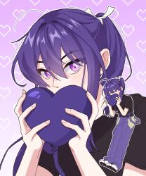  1boy ahoge alternate_costume belt black_belt black_shirt blunt_ends blush_stickers commentary_request covering_own_mouth double-parted_bangs ensemble_stars! full_body gradient_background hair_between_eyes hair_intakes hands_up heart heart_background highres holding holding_heart kanzaki_souma korean_commentary long_hair looking_at_viewer male_focus motoyui one_eye_closed pants pixel_heart ponytail purple_background purple_hair purple_pants shirt shoe_soles shoes short_sleeves sidelocks suspender_pants suspenders suspenders_slip violet_eyes white_shoes xiwivixi zoom_layer 